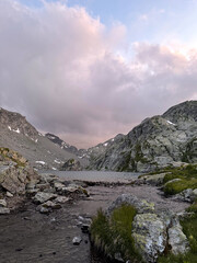 Obraz premium Bellacomba mountain lake in La Thuile, Aosta valley, Italy