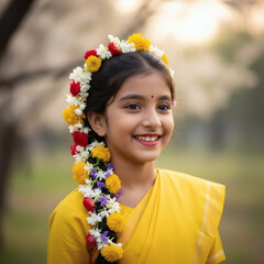 A young woman wearing a vibrant yellow sari and a beautiful floral braid in a serene outdoor setting