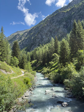 Mountain landscape on a hiking trail formed by Rutor glacier, La Thuile, Aosta Valley, Italy