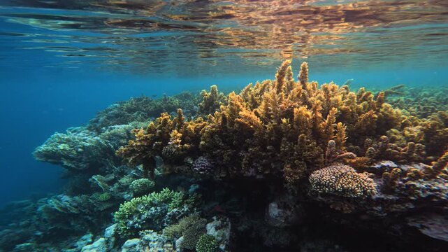 Brown algae bush illuminated by sunlight near water surface