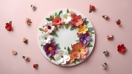 Naklejka premium Colorful floral wreath arrangement crafted from vibrant paper flowers on a pastel pink background creating an elegant decorative design