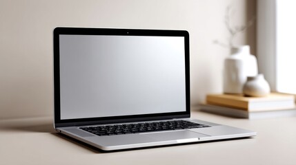 Fototapeta premium Modern laptop with empty screen on neutral background, perfect for digital advertising or app mockups