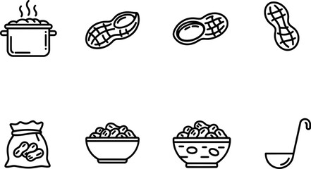 National Boiled Peanuts Day icon set with cooking pot and peanuts