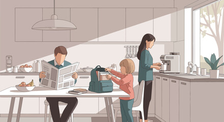 Obraz premium Vector illustration of a family morning routine in a minimalist kitchen, with a father reading a newspaper, a mother making coffee, and a child packing a teal backpack.