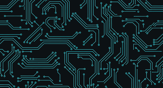 Seamless vector circuit board pattern with glowing aqua lines and dark charcoal background, ideal for technology website UI or digital presentation.