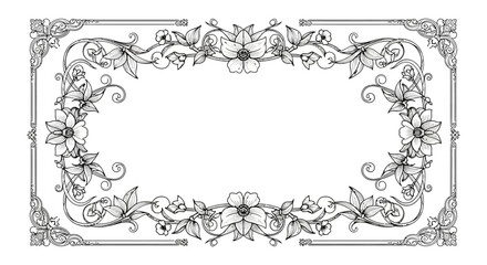 Fototapeta premium Intricate black and white vector illustration of a rectangular floral frame with delicate blossoms, leaves, and ornate corner flourishes, isolated on a transparent background.
