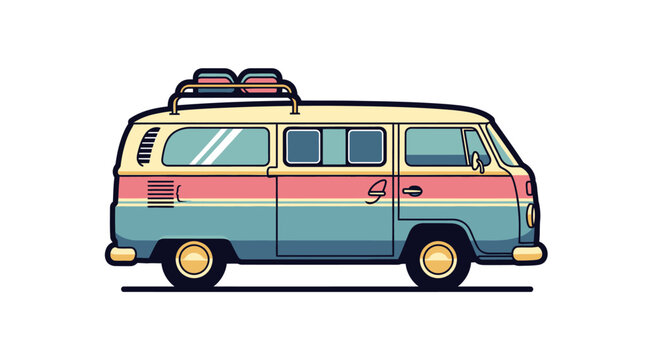 Retro vector illustration of a vintage camper van with a striped pastel pink and aqua blue design, luggage on the roof rack, isolated on transparent background.