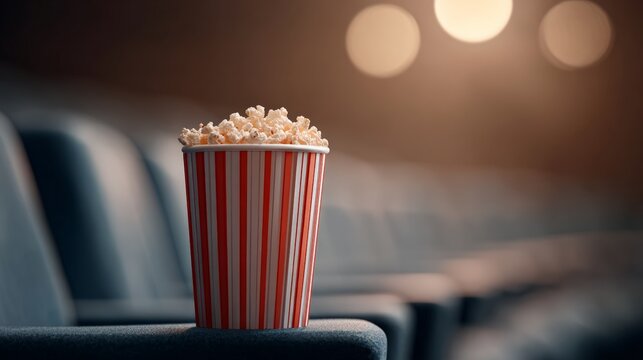 Striped red and white popcorn box overflowing on a dark blue cinema seat, waiting in an empty theater with soft bokeh lights popcorn ready for a cozy movie night