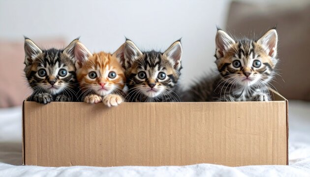Adorable kittens in a cardboard box - A heartwarming feline family portrait.
