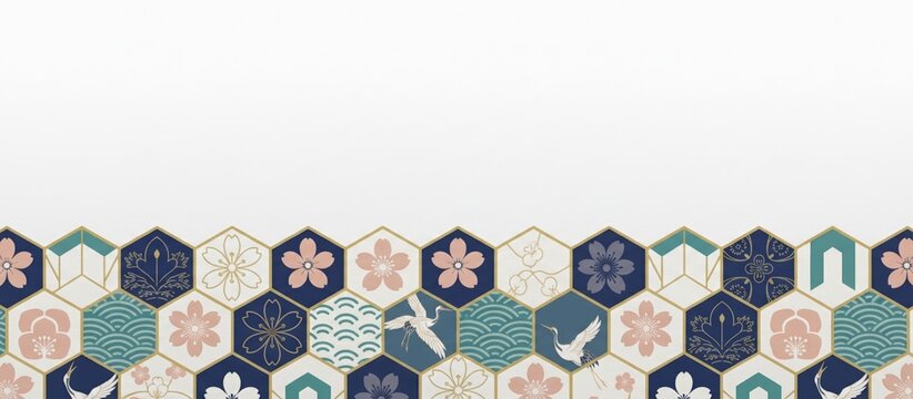 Japanese Traditional Hexagonal Pattern Background With Cranes