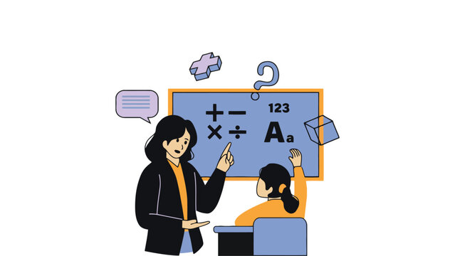 Teacher helping student with math problems on blue chalkboard illustration
