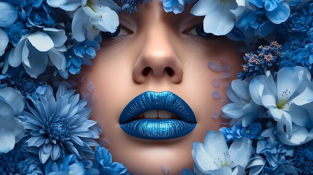 Close up beauty portrait with vivid blue lipstick and floral composition creating luxurious fashion art and dramatic elegance
