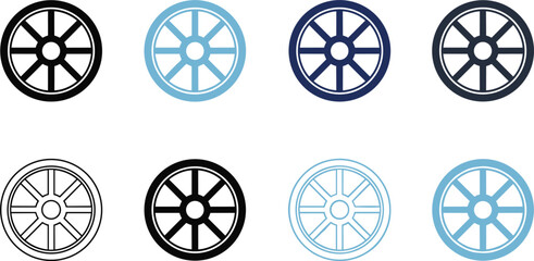 Car wheel rim icons set in black and blue colors isolated on light background