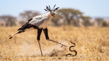 Fototapeta premium Secretary Bird Strike in Tall Grass