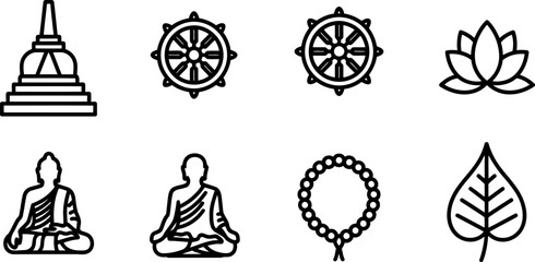 Parinirvana Day Buddhist symbols icons collection