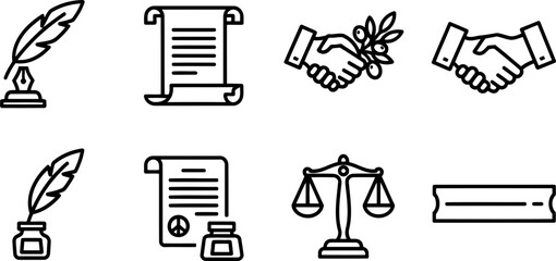 Treaty of Guadalupe Hidalgo icons: quill, scroll, handshake, scales of justice