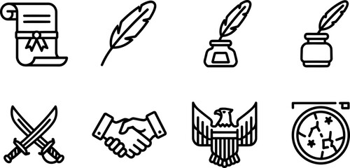 Treaty of Guadalupe Hidalgo icon set: scroll, quill, eagle