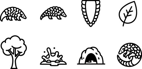 World Pangolin Day icon set with animals and habitat
