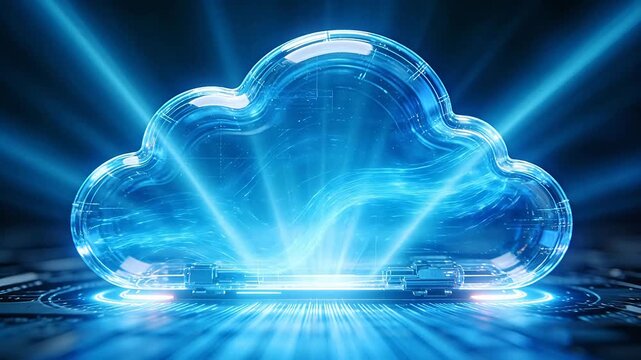 Glass cloud sculpture with blue internal data flow on tech base