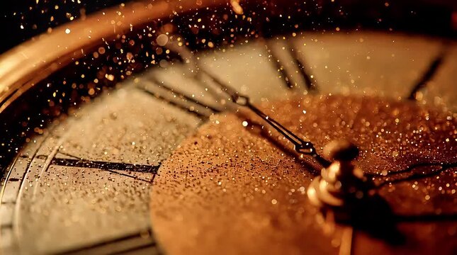 Macro cinematic video of vintage clock with warm light and dust particles