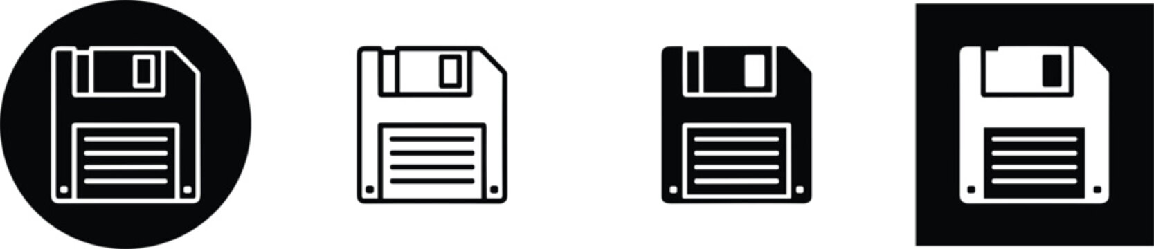 Floppy disk save icon collection in solid and outline styles isolated on light background