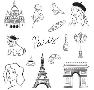 Paris Line Art Icon Set &ndash; Eiffel Tower, Arc de Triomphe, French Bulldog, Croissant, Romantic Travel Illustration