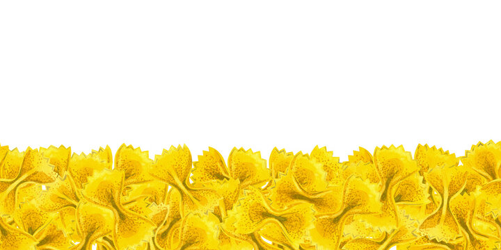 Seamless horizontal border of dry farfalle pasta with copy space. Watercolor hand drawn illustration. Used for menus, blog post headers, recipe card designs, food packaging, banners, website.