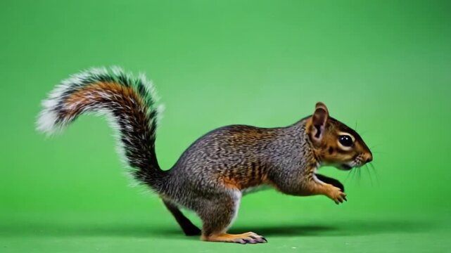 Squirrel stands alert on its hind legs on a green background, curious and watchful, wild animal, nature, forest, studio shot, isolated creature
