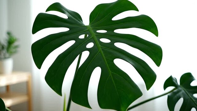 Close-up of a vibrant green Monstera Deliciosa leaf with characteristic splits, showcasing its natural beauty and intricate patterns.