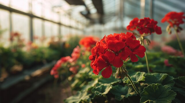 Red geranium flowers blooming in a sunny commercial greenhouse.