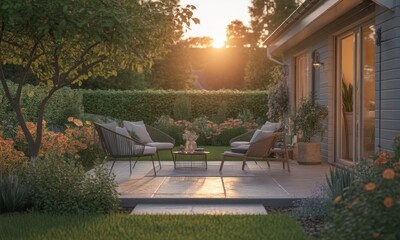 Serene outdoor patio at sunset, with furniture and lush gardens