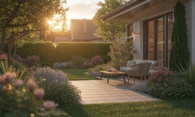 Golden sunset illuminates a serene backyard with patio furniture and lush gardens