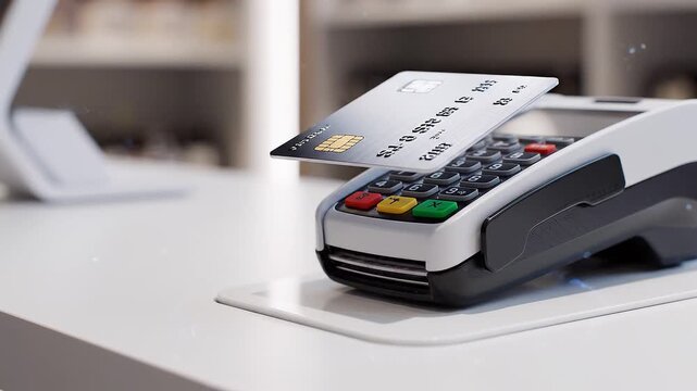 Credit card payment terminal with glowing digital effects.