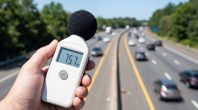 Sound level meter measuring traffic noise on highway with moving vehicles
