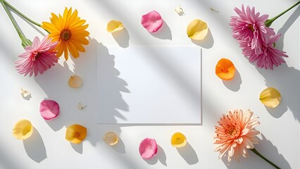 Vertical Top View Blank White Invitation Card Centered with Soft Pastel Blooming Flowers on Clean White Background