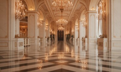 Grand hall with chandeliers, ornate details, and reflective flooring