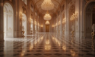 Obraz premium Elegant, ornate hall with chandeliers, marble floor, and gold accents