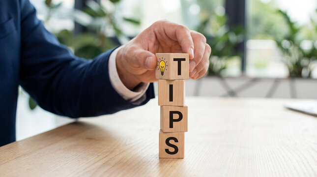 Hand stacking wooden blocks with tips word representing business strategy concept
