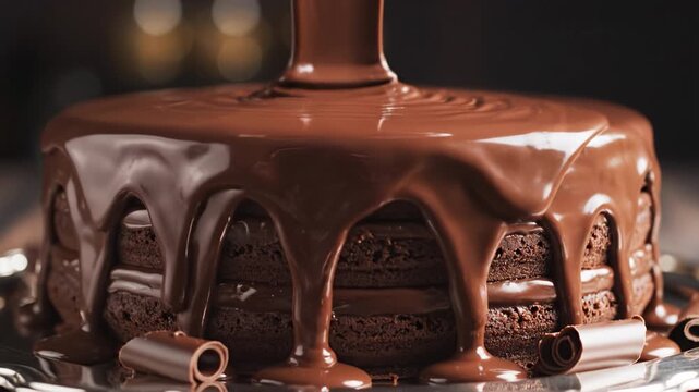 Chocolate cake ganache drip dessert frosting closeup topping layer background, rich layered sponge with glossy sauce pour and dripping, melted coating on plate, dark bokeh mood
