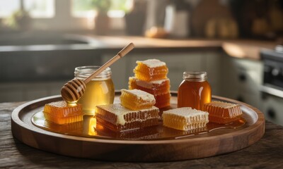 Honey display jars, comb pieces on wooden platter, kitchen background