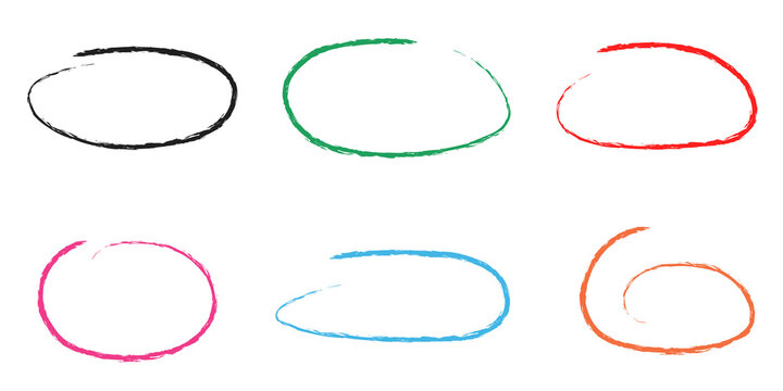 Colorful hand drawn ink brush circle frames and oval highlights isolated on a transparent background