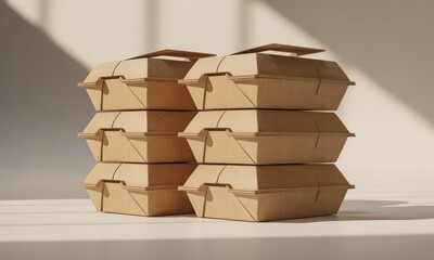 Stack of takeout containers casting shadows. Food delivery concept