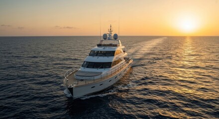 Motor yacht cruising on open ocean, sunset backdrop, leaving a wake