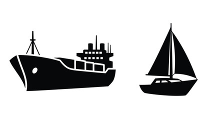 Black silhouettes of a freighter and sailboat on a white background silhouette