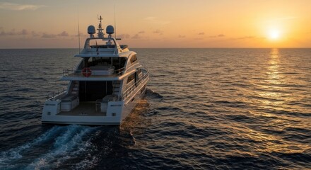 Motor yacht cruises ocean at sunset. Warm light bathes sea, sky, and vessel
