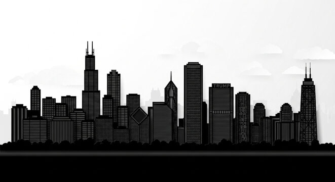 Detailed black silhouette of the Chicago city skyline featuring the Willis Tower and John Hancock Center against a light background.
