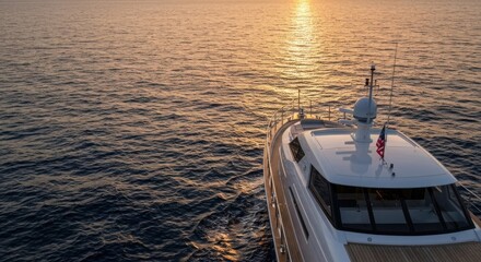 A luxury yacht sails across calm ocean waters at sunset