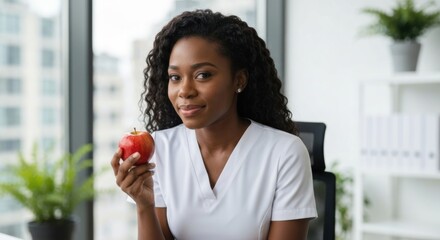 Woman in white shirt holds apple, smiling in a well-lit office