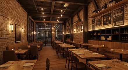 Interior of a rustic, warmly-lit restaurant with brick walls