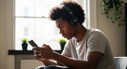 Young man with headphones looking at a phone, near a bright window